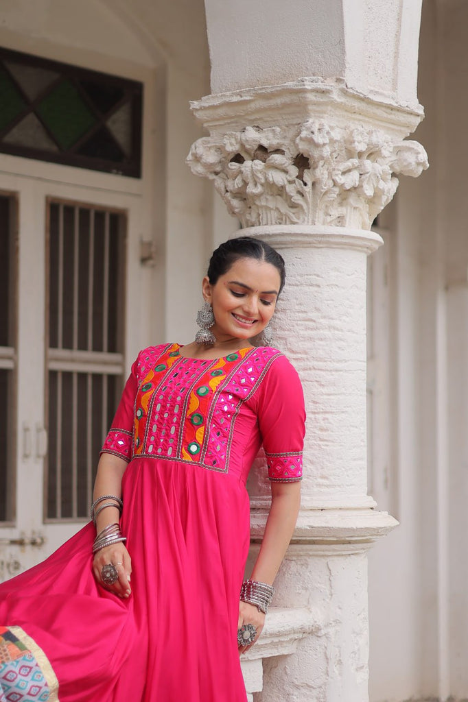 Pink Designer Roman Fabric Gown with Multicolor Thread, Mirror & Maslin Crochet Work ClothsVilla