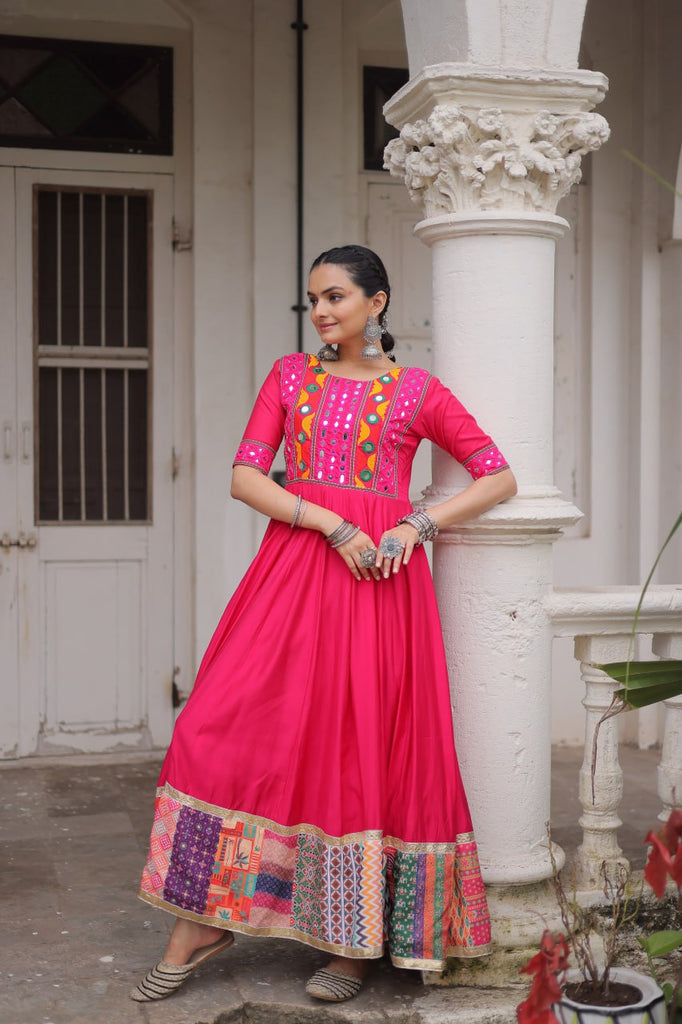 Pink Designer Roman Fabric Gown with Multicolor Thread, Mirror & Maslin Crochet Work ClothsVilla