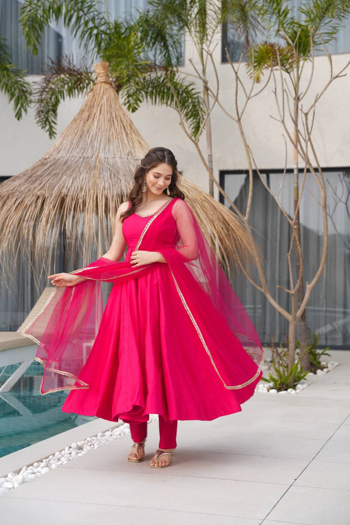 Pink Designer Romansilk Chanderi Anarkali Set with Mirror Lace Dupatta ClothsVilla