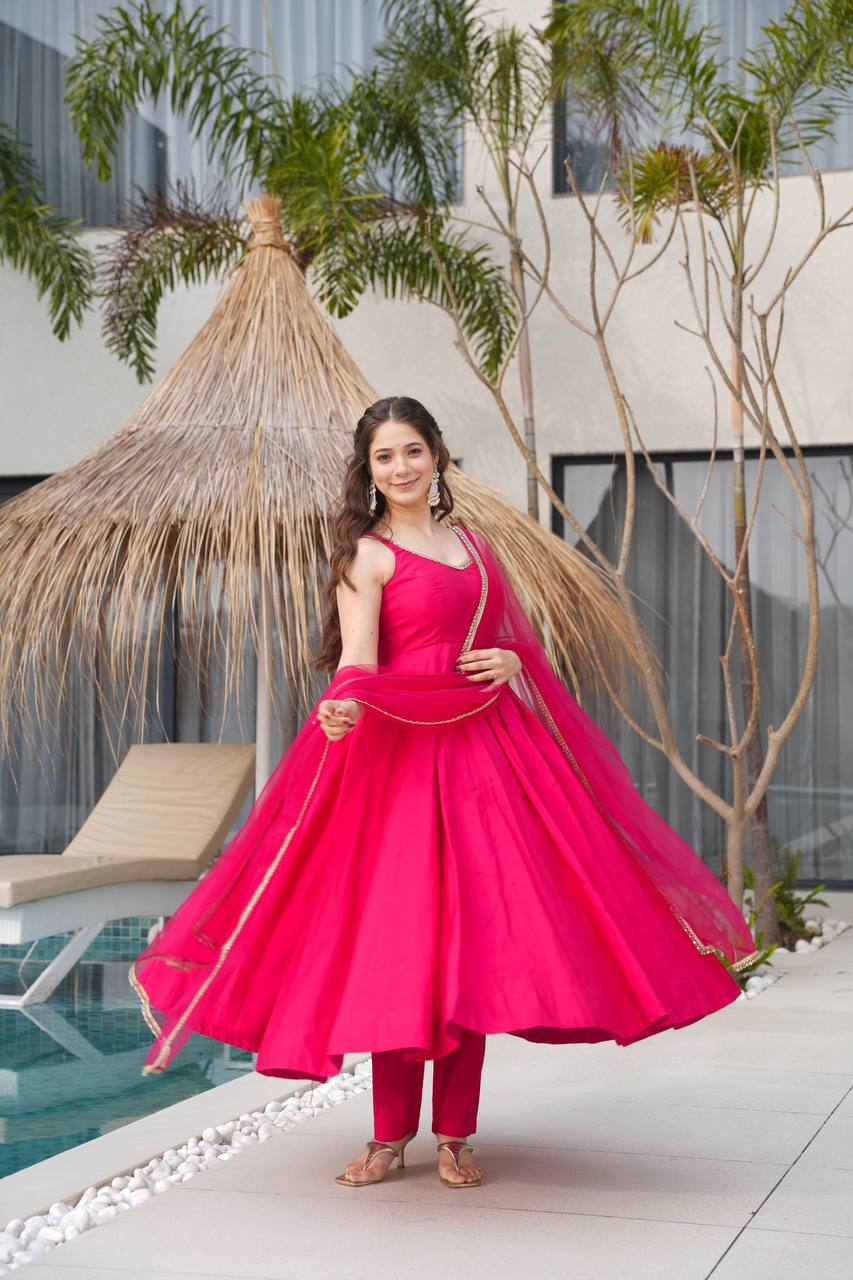 Pink Designer Romansilk Chanderi Anarkali Set with Mirror Lace Dupatta ClothsVilla