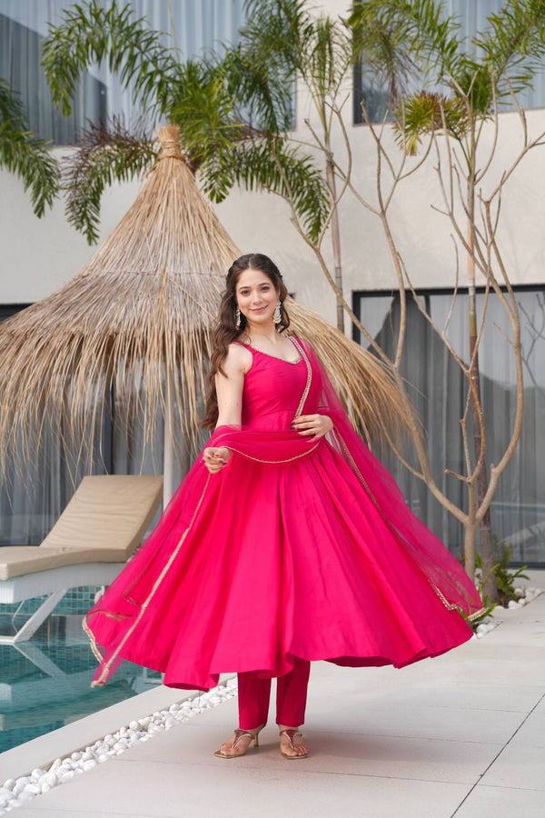 Pink Designer Romansilk Chanderi Anarkali Set with Mirror Lace Dupatta ClothsVilla