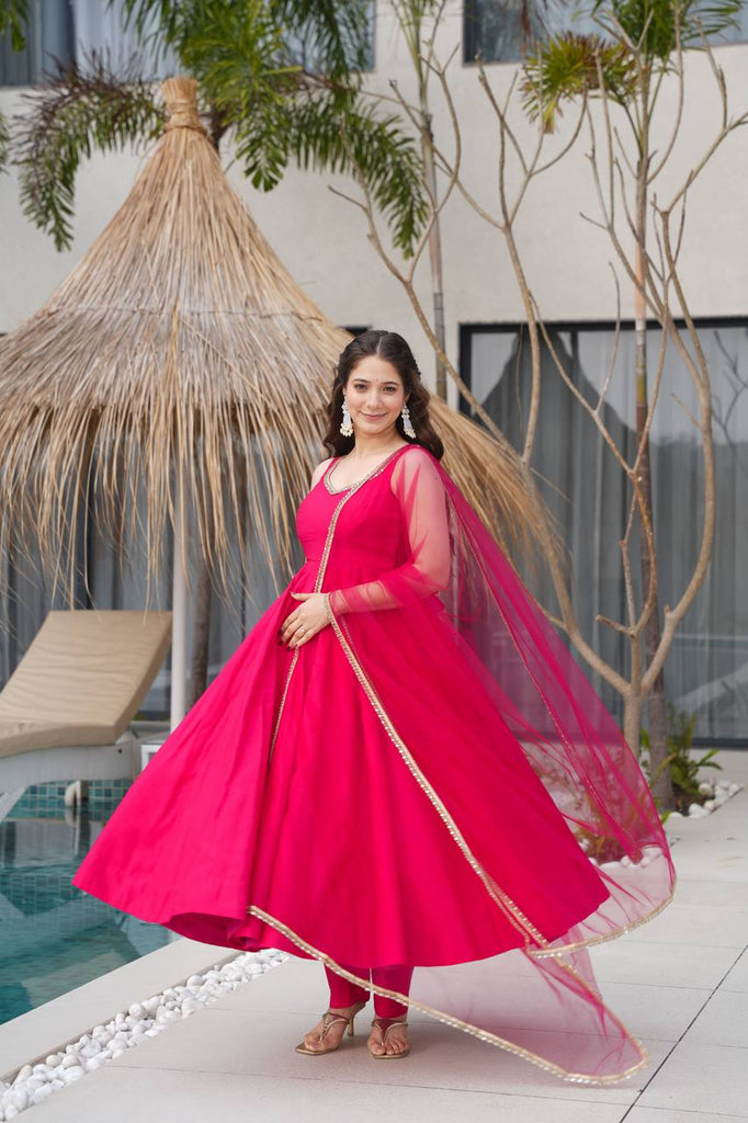 Pink Designer Romansilk Chanderi Anarkali Set with Mirror Lace Dupatta ClothsVilla
