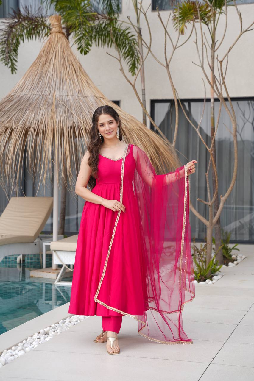 Pink Designer Romansilk Chanderi Anarkali Set with Mirror Lace Dupatta ClothsVilla