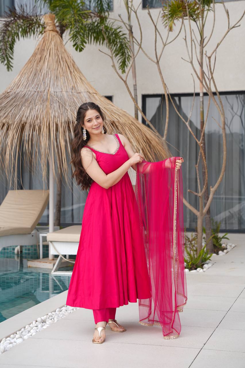 Pink Designer Romansilk Chanderi Anarkali Set with Mirror Lace Dupatta ClothsVilla