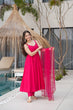 Load image into Gallery viewer, Pink Designer Romansilk Chanderi Anarkali Set with Mirror Lace Dupatta ClothsVilla