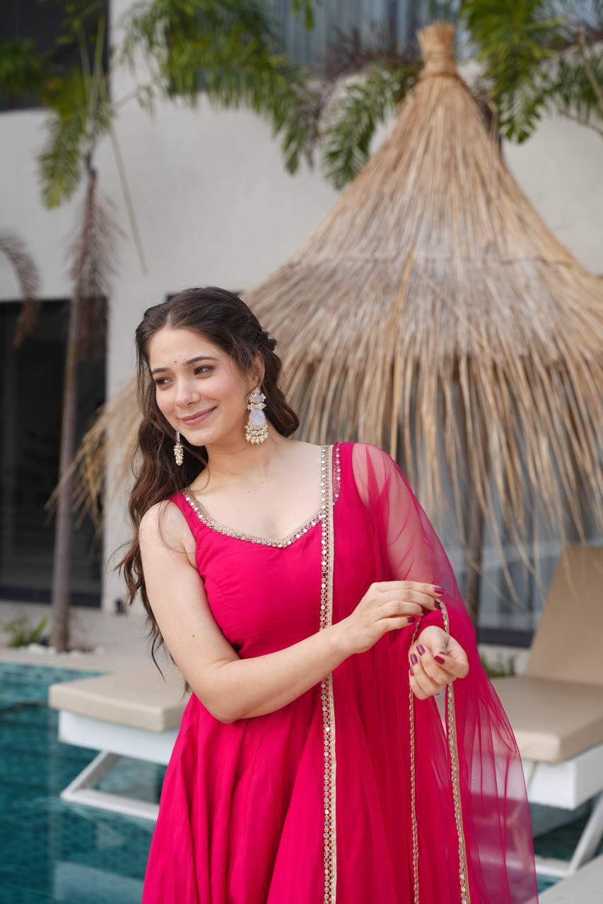 Pink Designer Romansilk Chanderi Anarkali Set with Mirror Lace Dupatta ClothsVilla