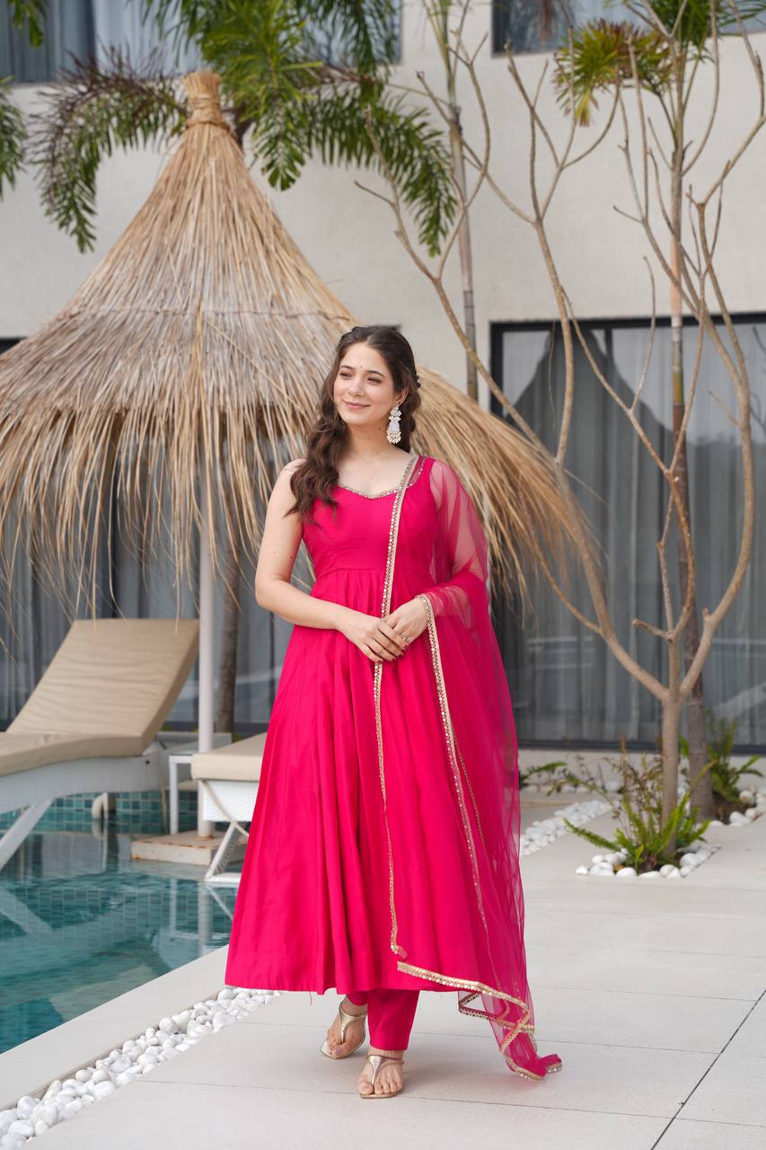 Pink Designer Romansilk Chanderi Anarkali Set with Mirror Lace Dupatta ClothsVilla