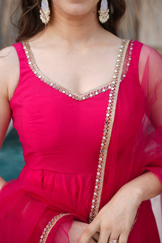 Pink Designer Romansilk Chanderi Anarkali Set with Mirror Lace Dupatta ClothsVilla
