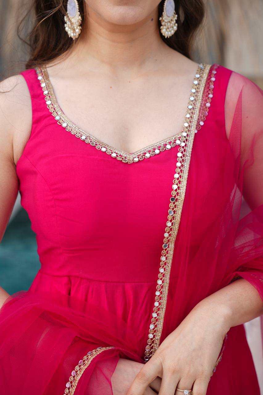 Pink Designer Romansilk Chanderi Anarkali Set with Mirror Lace Dupatta ClothsVilla