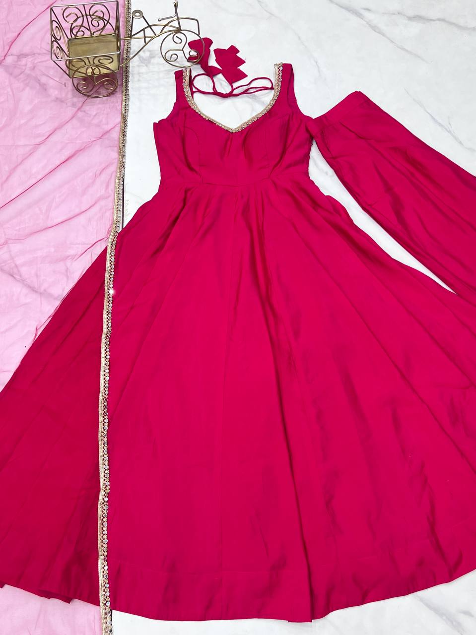 Pink Designer Romansilk Chanderi Anarkali Set with Mirror Lace Dupatta ClothsVilla