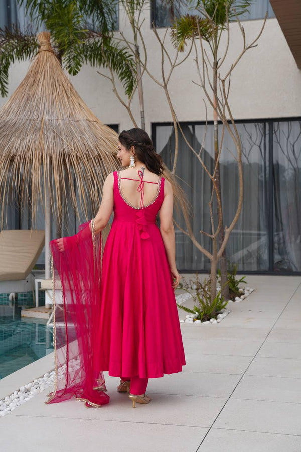 Pink Designer Romansilk Chanderi Anarkali Set with Mirror Lace Dupatta ClothsVilla