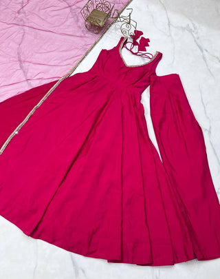 Pink Designer Romansilk Chanderi Anarkali Set with Mirror Lace Dupatta ClothsVilla