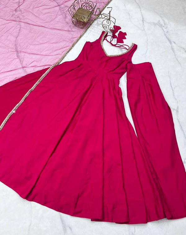 Pink Designer Romansilk Chanderi Anarkali Set with Mirror Lace Dupatta ClothsVilla