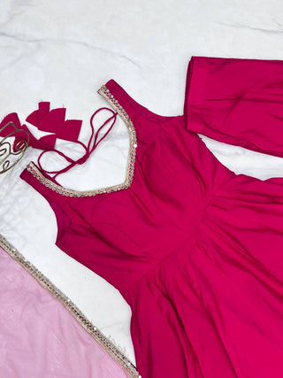 Pink Designer Romansilk Chanderi Anarkali Set with Mirror Lace Dupatta ClothsVilla