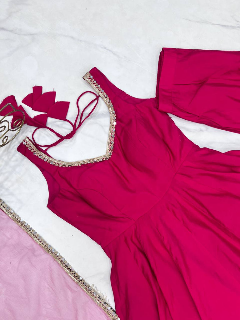 Pink Designer Romansilk Chanderi Anarkali Set with Mirror Lace Dupatta ClothsVilla