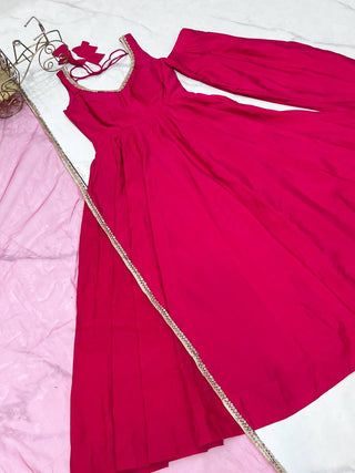 Pink Designer Romansilk Chanderi Anarkali Set with Mirror Lace Dupatta ClothsVilla