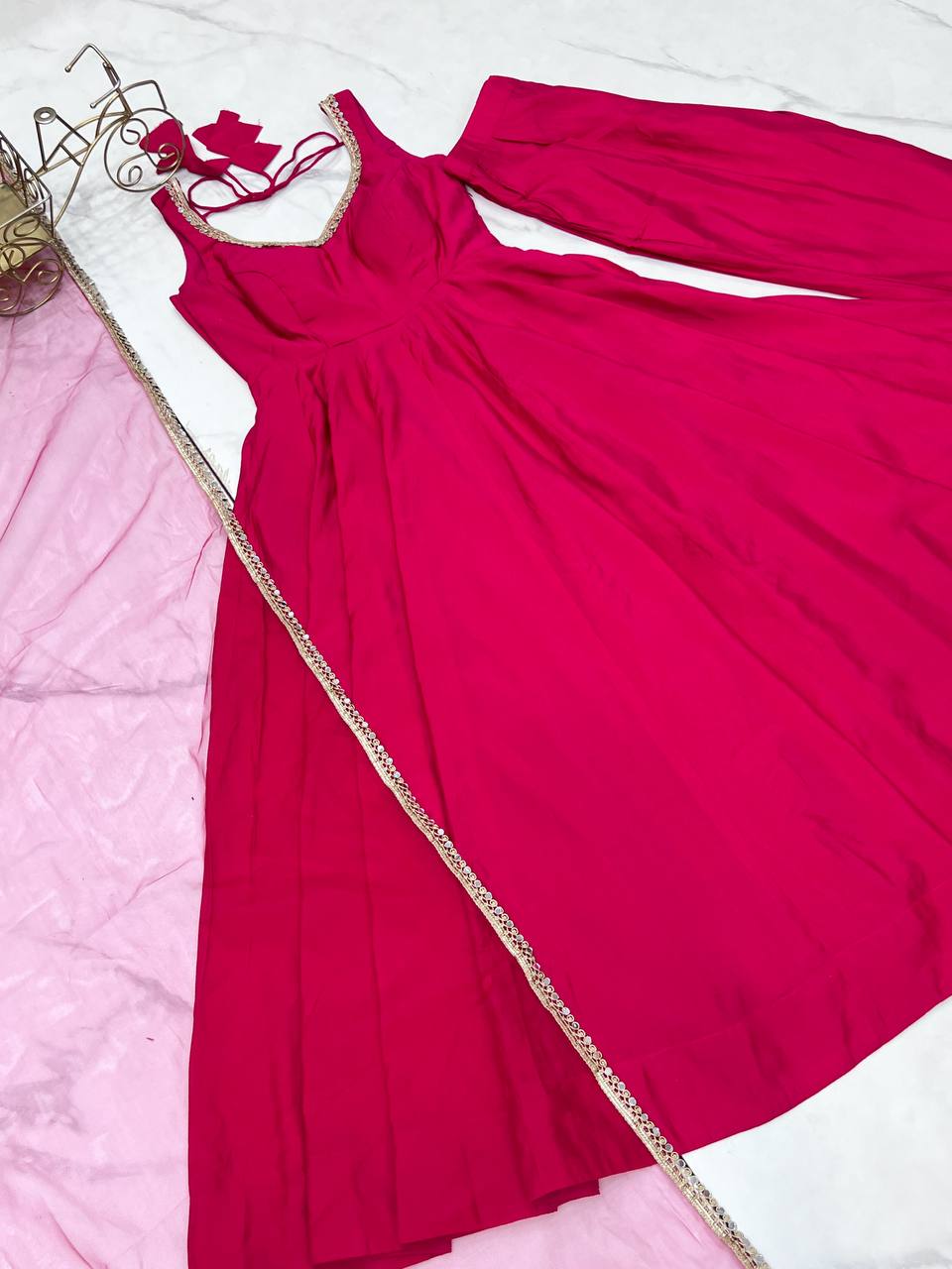 Pink Designer Romansilk Chanderi Anarkali Set with Mirror Lace Dupatta ClothsVilla
