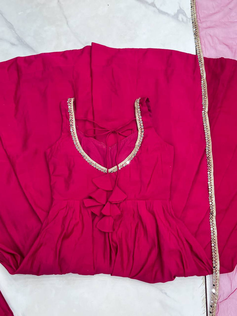 Pink Designer Romansilk Chanderi Anarkali Set with Mirror Lace Dupatta ClothsVilla