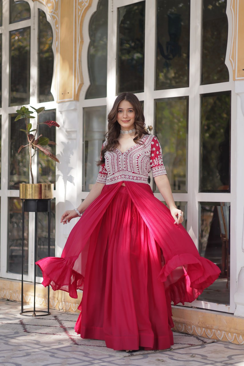 Pink Designer Star Georgette Kurti with Lehenga Set Embroidered Beads & Sequins Work Elegant Ethnic Wear ClothsVilla