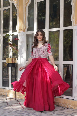 Pink Designer Star Georgette Kurti with Lehenga Set Embroidered Beads & Sequins Work Elegant Ethnic Wear ClothsVilla