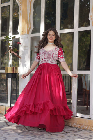Pink Designer Star Georgette Kurti with Lehenga Set Embroidered Beads & Sequins Work Elegant Ethnic Wear ClothsVilla