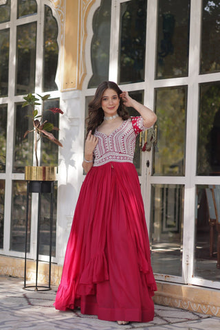 Pink Designer Star Georgette Kurti with Lehenga Set Embroidered Beads & Sequins Work Elegant Ethnic Wear ClothsVilla