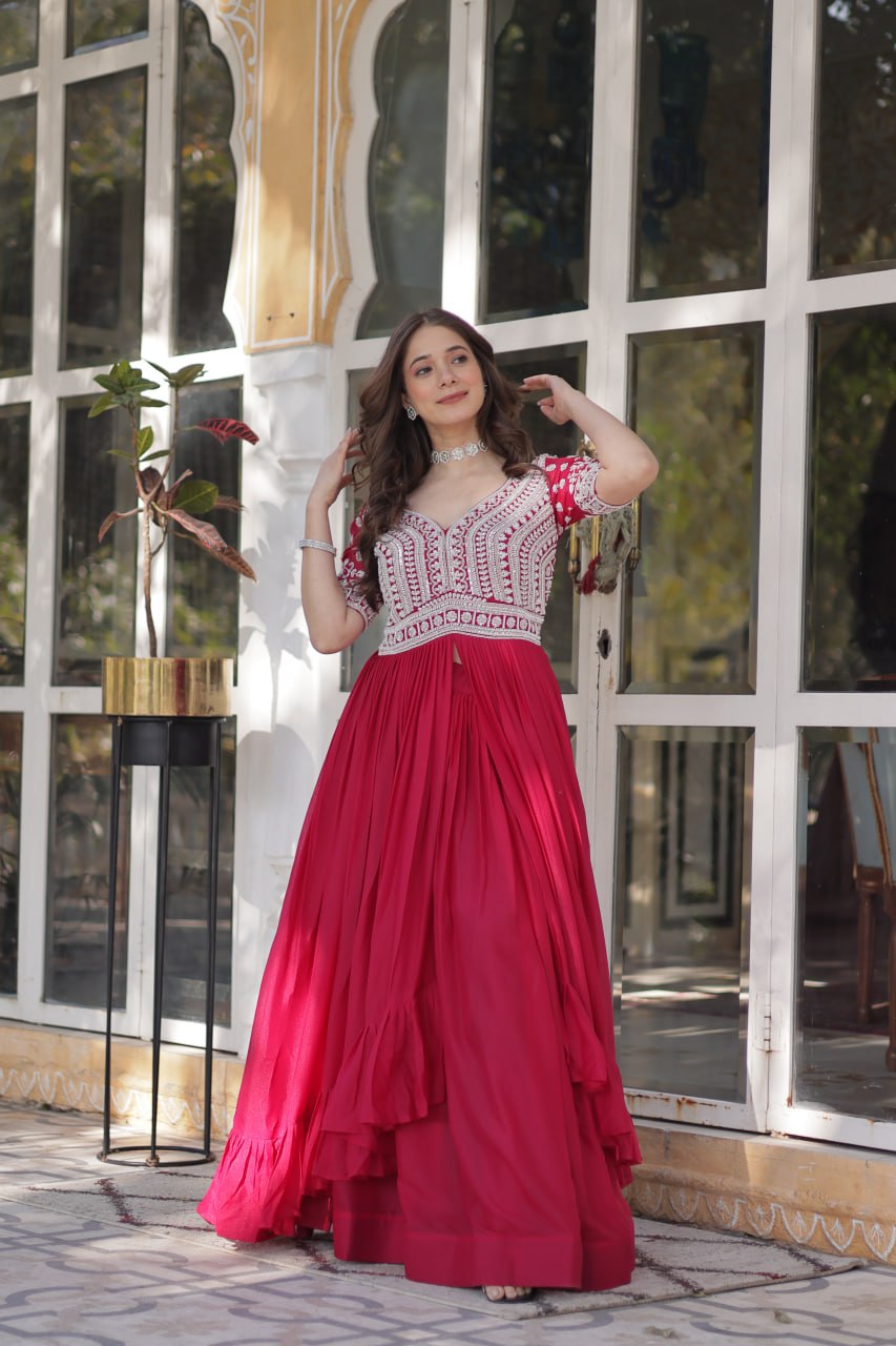 Pink Designer Star Georgette Kurti with Lehenga Set Embroidered Beads & Sequins Work Elegant Ethnic Wear ClothsVilla
