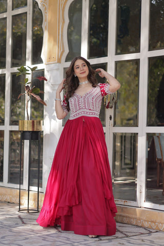 Pink Designer Star Georgette Kurti with Lehenga Set Embroidered Beads & Sequins Work Elegant Ethnic Wear ClothsVilla