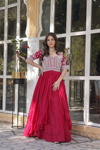 Pink Designer Star Georgette Kurti with Lehenga Set Embroidered Beads & Sequins Work Elegant Ethnic Wear ClothsVilla