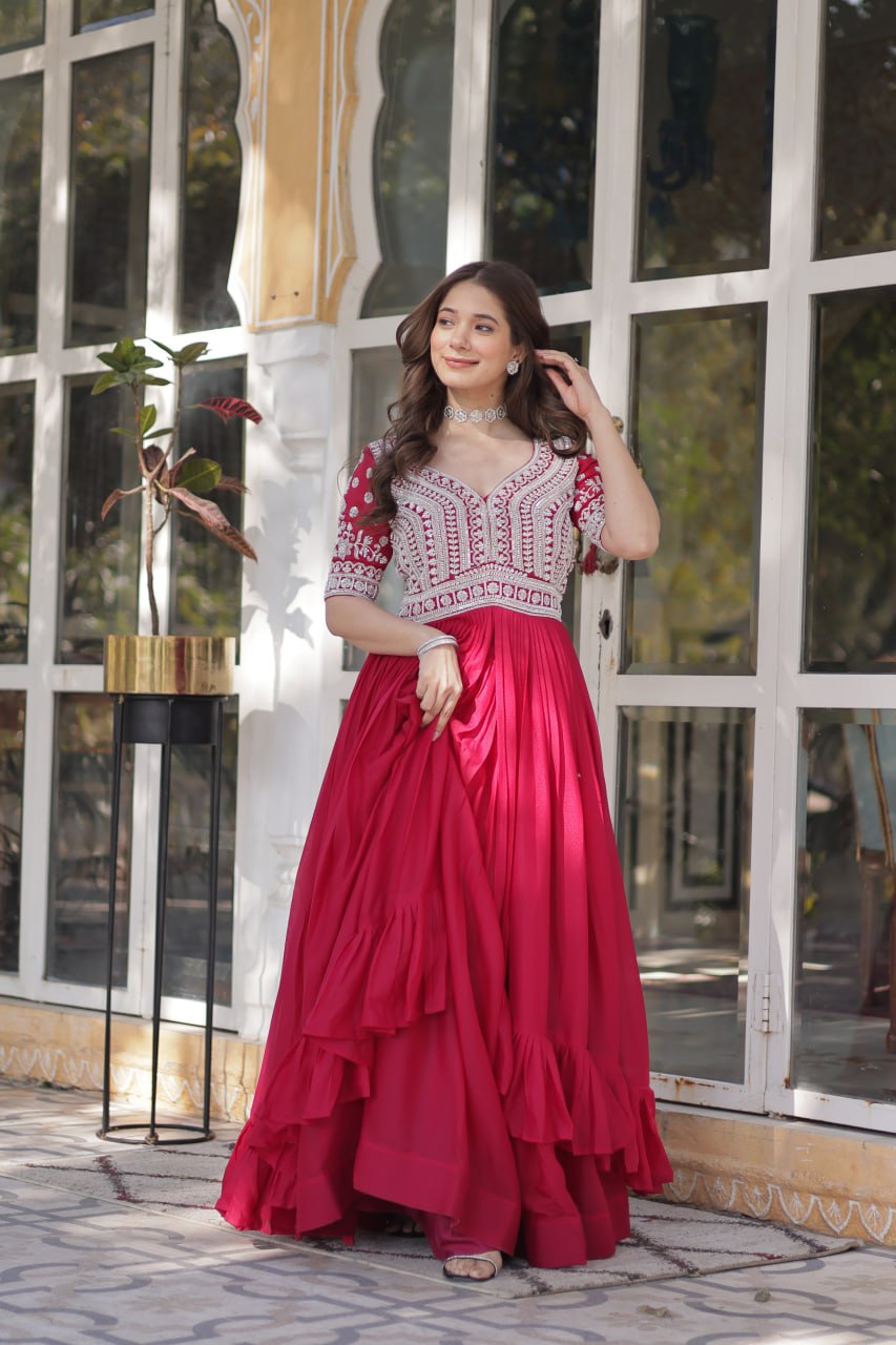 Pink Designer Star Georgette Kurti with Lehenga Set Embroidered Beads & Sequins Work Elegant Ethnic Wear ClothsVilla