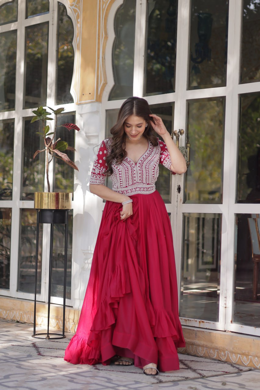 Pink Designer Star Georgette Kurti with Lehenga Set Embroidered Beads & Sequins Work Elegant Ethnic Wear ClothsVilla