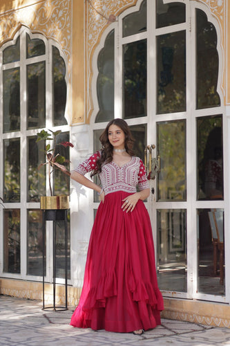 Pink Designer Star Georgette Kurti with Lehenga Set Embroidered Beads & Sequins Work Elegant Ethnic Wear ClothsVilla