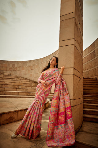 Pink Digital Print Elegant Bollywood Art Silk Saree with Zari Woven Border ClothsVilla
