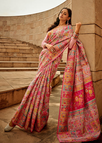 Pink Digital Print Elegant Bollywood Art Silk Saree with Zari Woven Border ClothsVilla