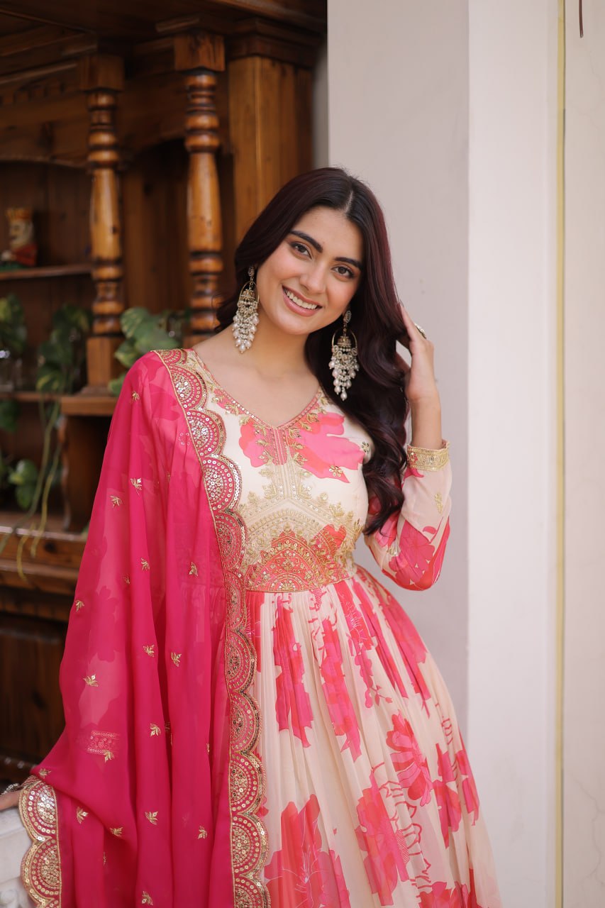 Pink Digital Printed Silk Anarkali Gown Clothsvilla