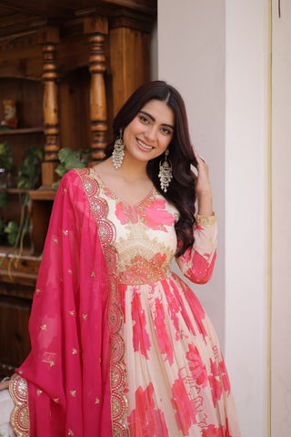Pink Digital Printed Silk Anarkali Gown Clothsvilla