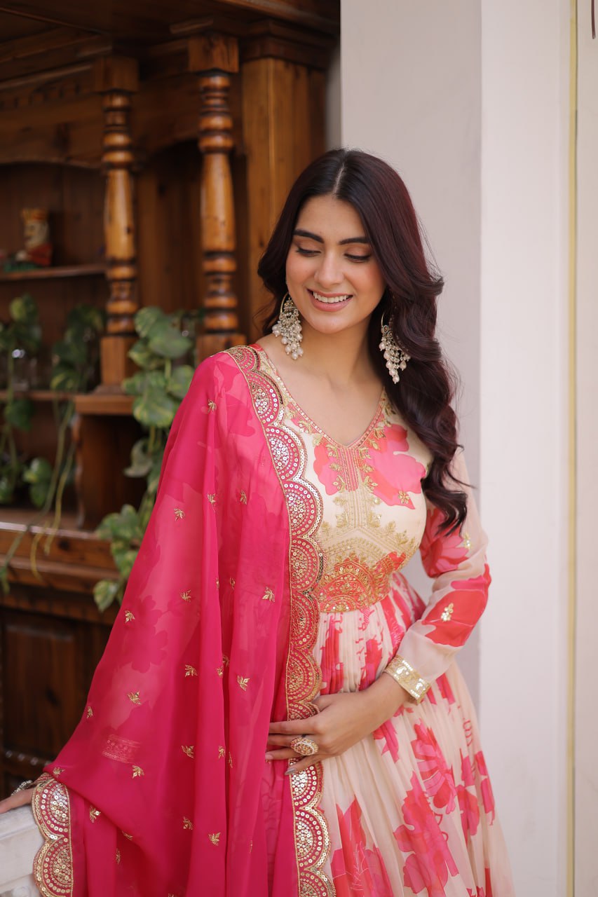 Pink Digital Printed Silk Anarkali Gown Clothsvilla