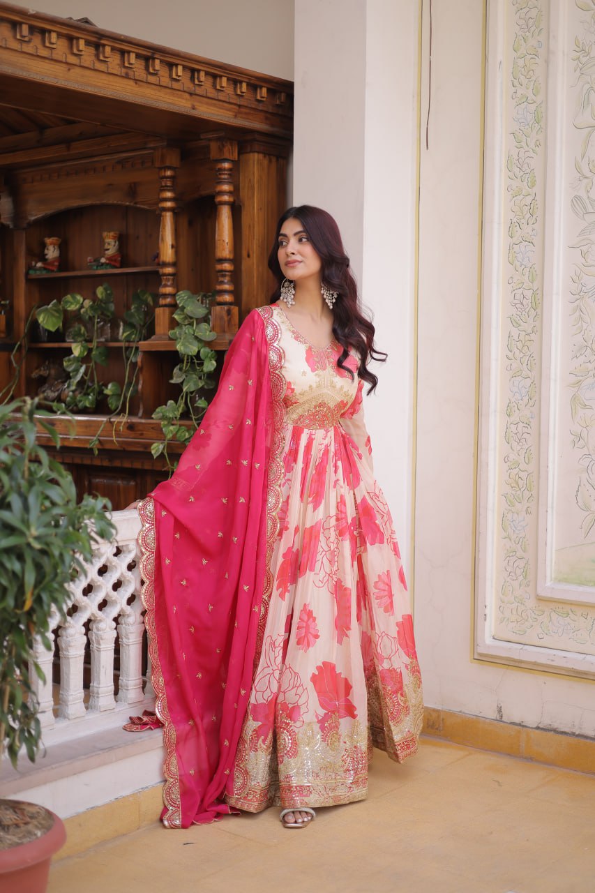 Pink Digital Printed Silk Anarkali Gown Clothsvilla