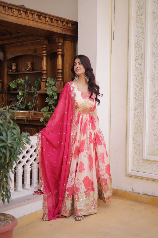 Pink Digital Printed Silk Anarkali Gown Clothsvilla