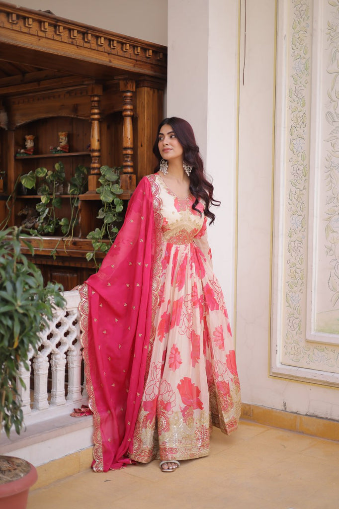Pink Digital Printed Silk Anarkali Gown Clothsvilla