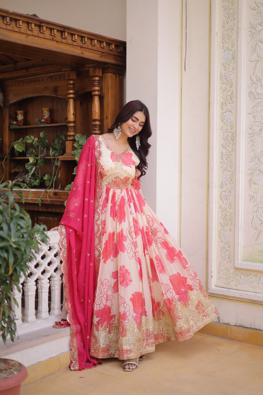 Pink Digital Printed Silk Anarkali Gown Clothsvilla