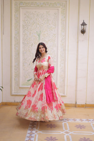 Pink Digital Printed Silk Anarkali Gown Clothsvilla