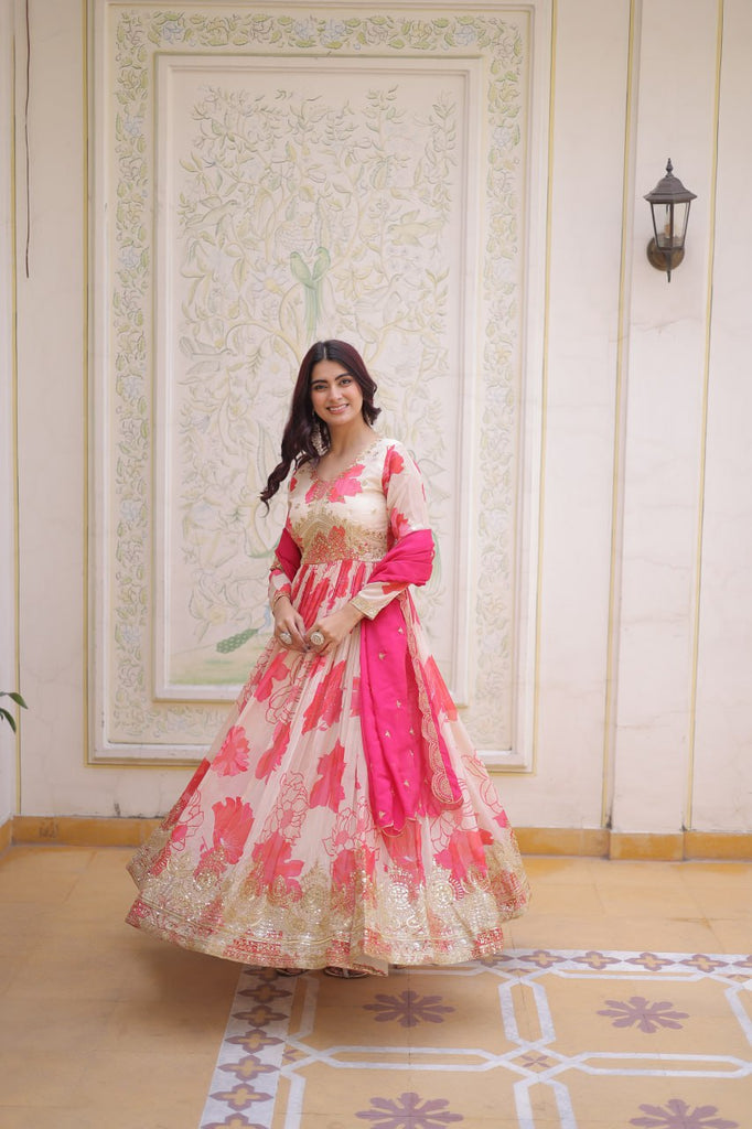 Pink Digital Printed Silk Anarkali Gown Clothsvilla
