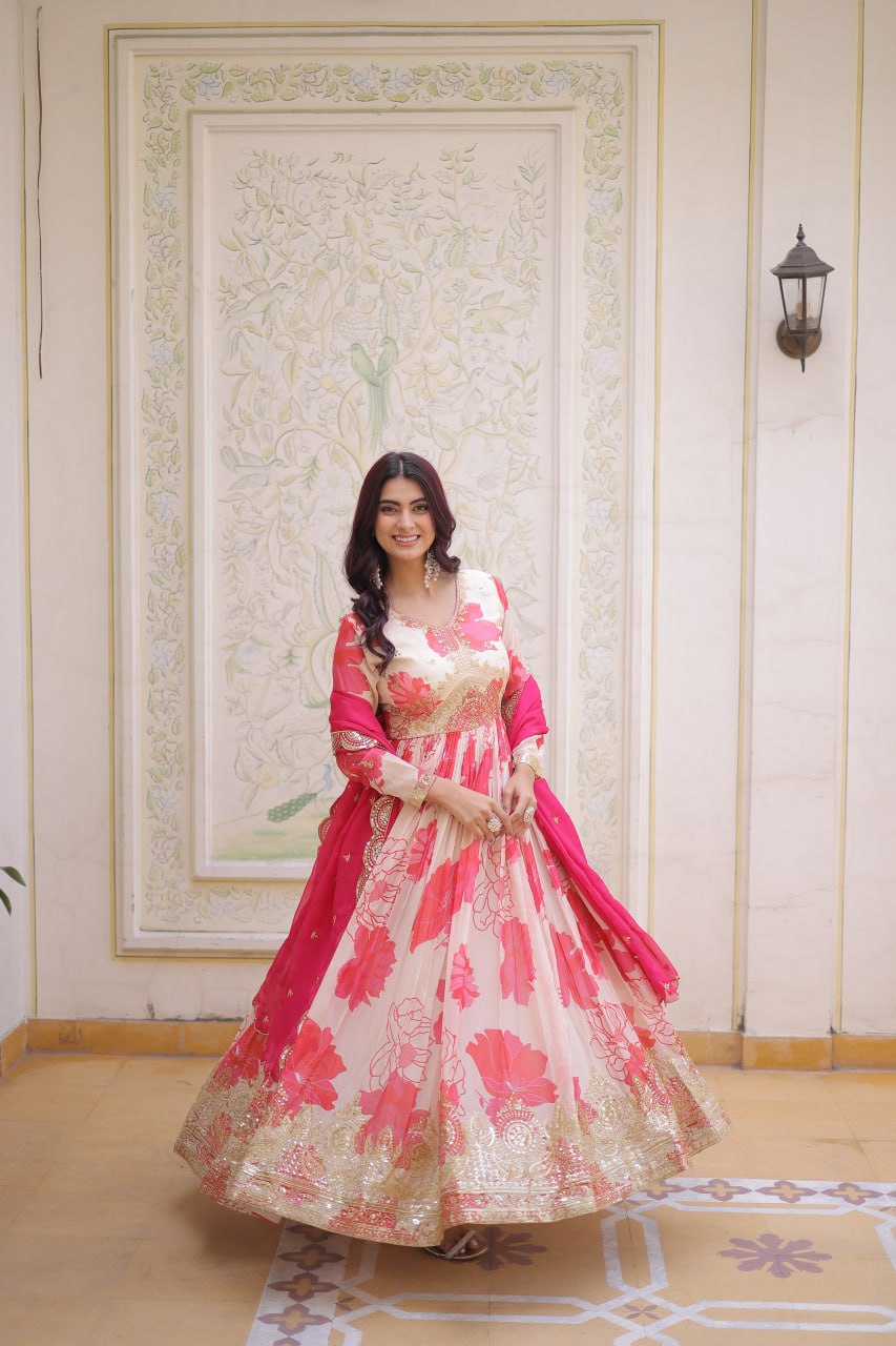 Pink Digital Printed Silk Anarkali Gown Clothsvilla