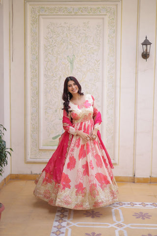 Pink Digital Printed Silk Anarkali Gown Clothsvilla