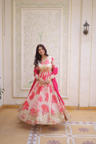Pink Digital Printed Silk Anarkali Gown Clothsvilla