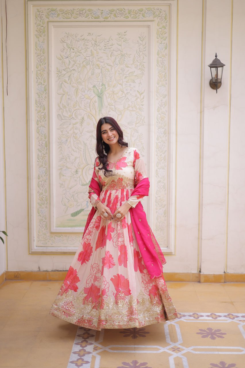 Pink Digital Printed Silk Anarkali Gown Clothsvilla