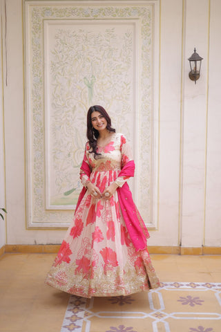 Pink Digital Printed Silk Anarkali Gown Clothsvilla