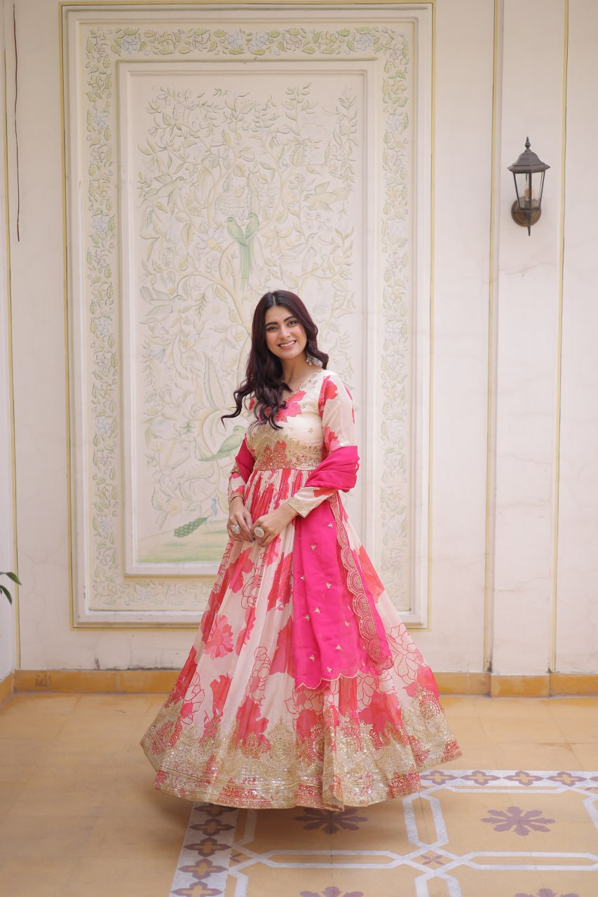 Pink Digital Printed Silk Anarkali Gown Clothsvilla