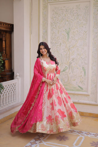 Pink Digital Printed Silk Anarkali Gown Clothsvilla